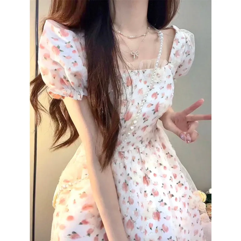 Girlary-shop harajuku dress to impress French Milk Sweet Floral Princess Dress Waist-Tight Chic First Love Gentle Style Puff Sleeve Fluffy Dress Summer