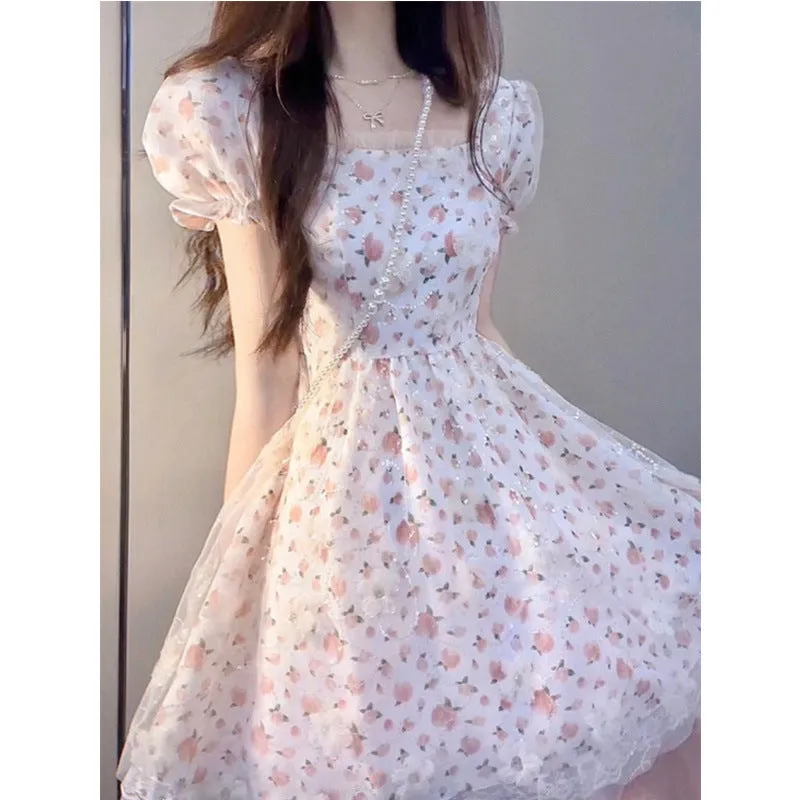 Girlary-shop harajuku dress to impress French Milk Sweet Floral Princess Dress Waist-Tight Chic First Love Gentle Style Puff Sleeve Fluffy Dress Summer