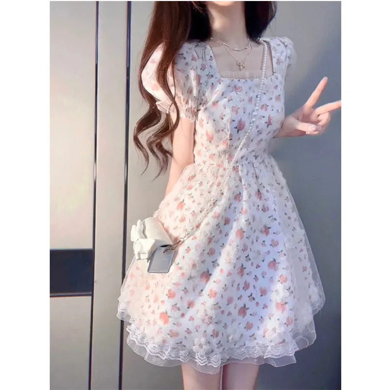 Girlary-shop harajuku dress to impress French Milk Sweet Floral Princess Dress Waist-Tight Chic First Love Gentle Style Puff Sleeve Fluffy Dress Summer