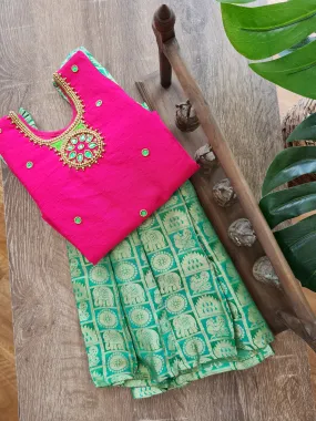 Girls Pink and Green Pavadai Set