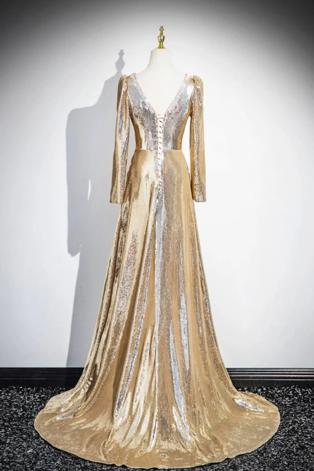 Gold Sequins Long Prom Dress, Shiny V-Neck Long Sleeve Evening Party Dress