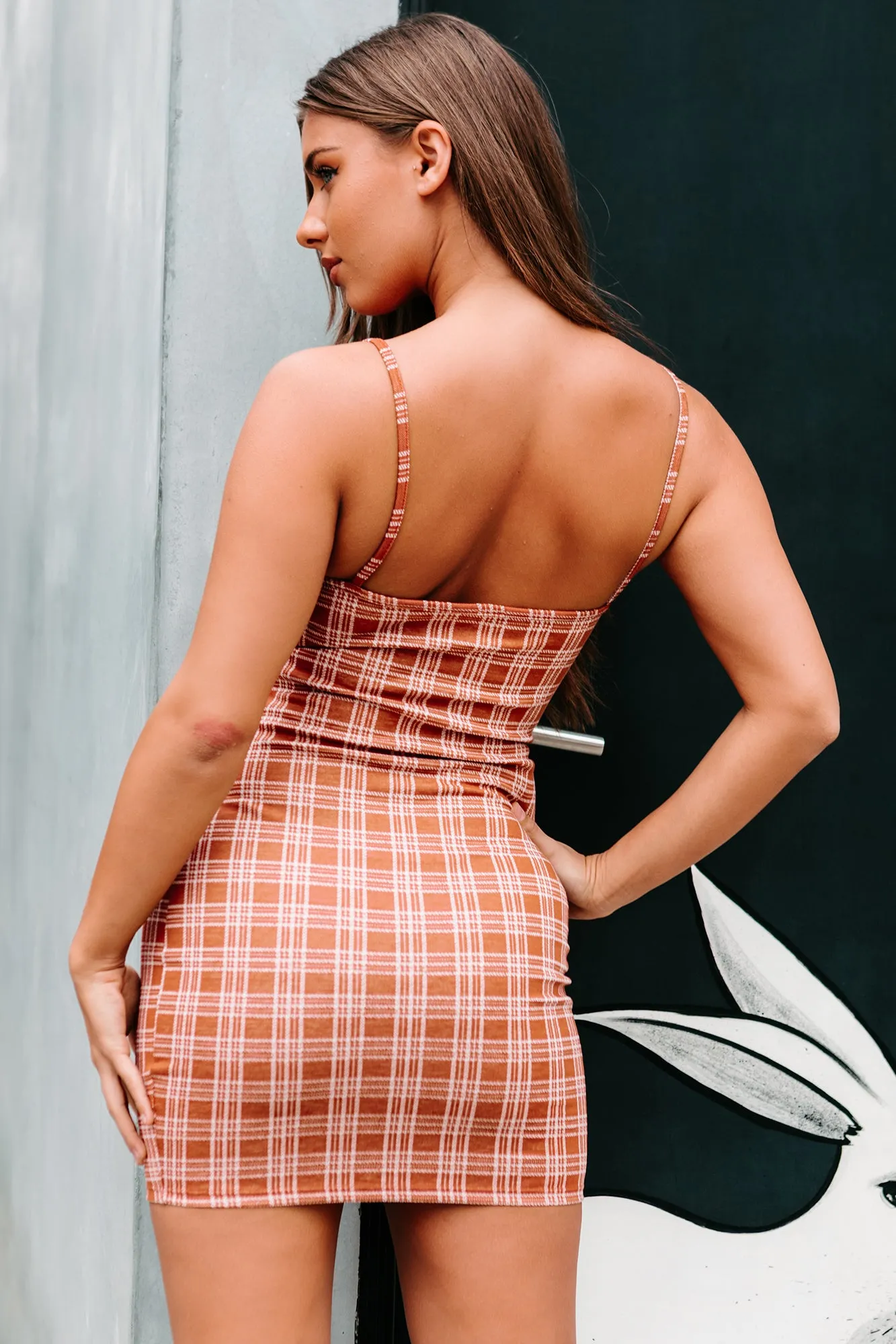 Goldie Plaid Bodycon Dress (Rust)
