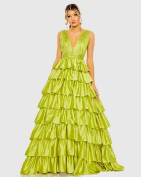 Green Ruffle Tiered Pleated Sleeveless V Neck Gown