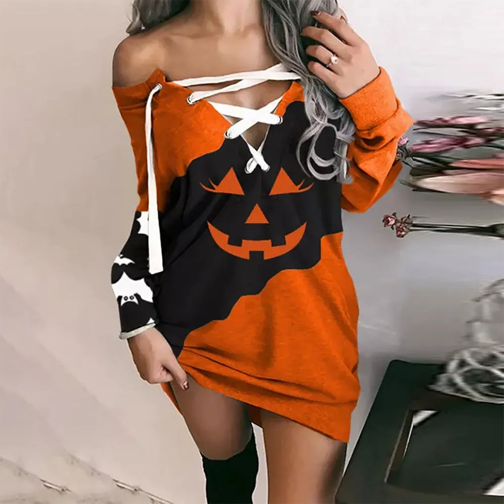 Halloween Long-Sleeved V-Neck Hipster Dress