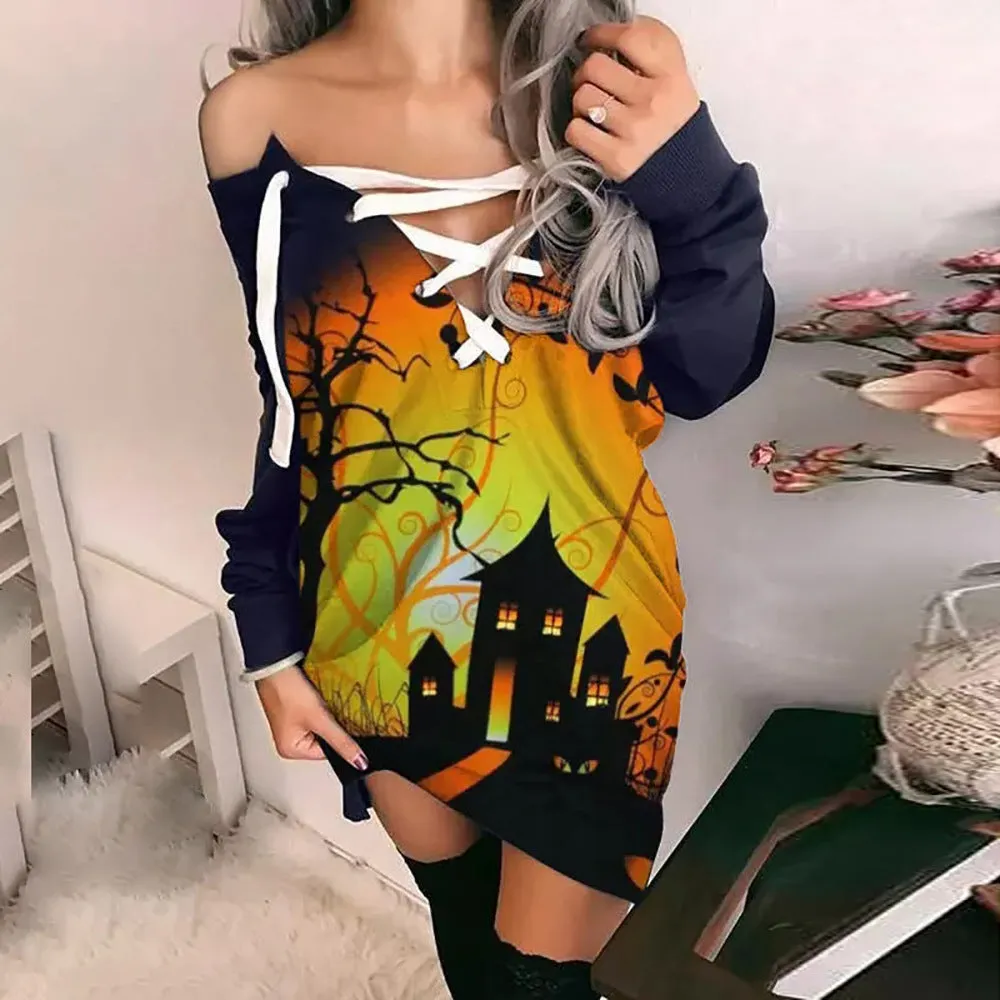 Halloween Long-Sleeved V-Neck Hipster Dress