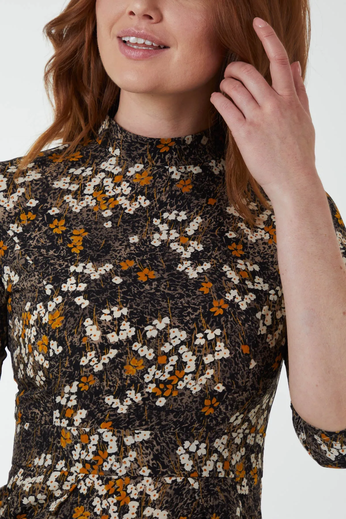 High Neck Floral Bodycon Mini Dress
