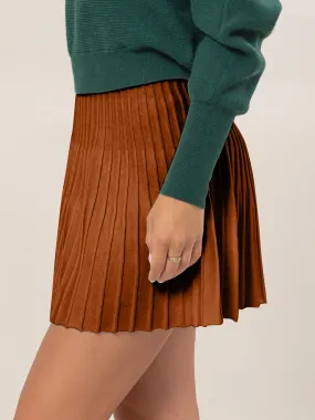 High Waist Knit Pleated Flare Mini Skirt in Chocolate