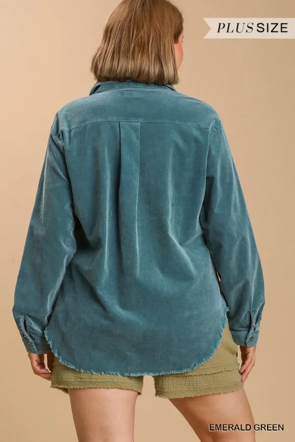 Jacklynn  Stone Wash Jacket-Emerald-Curvy