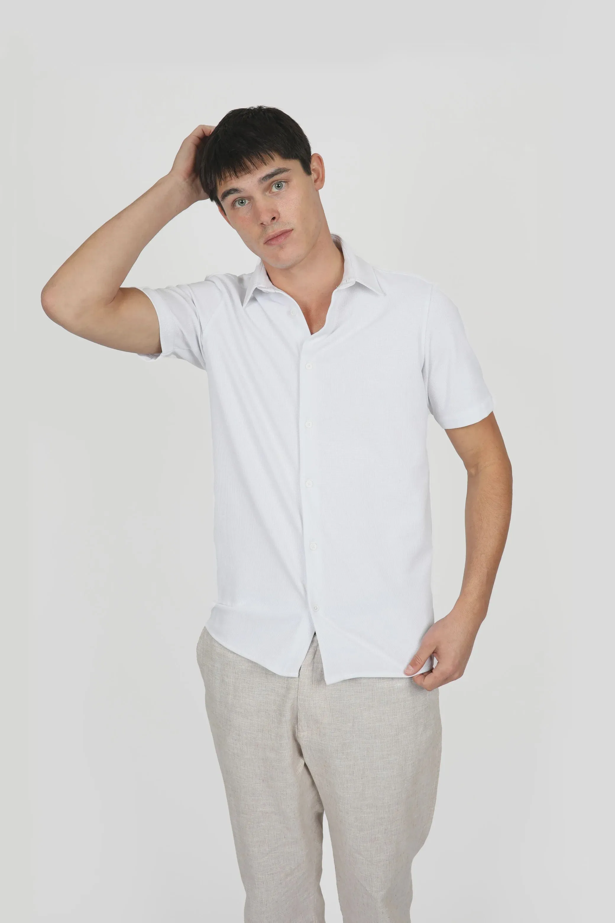 James Harper S/S Knitted Waffle Shirt - White