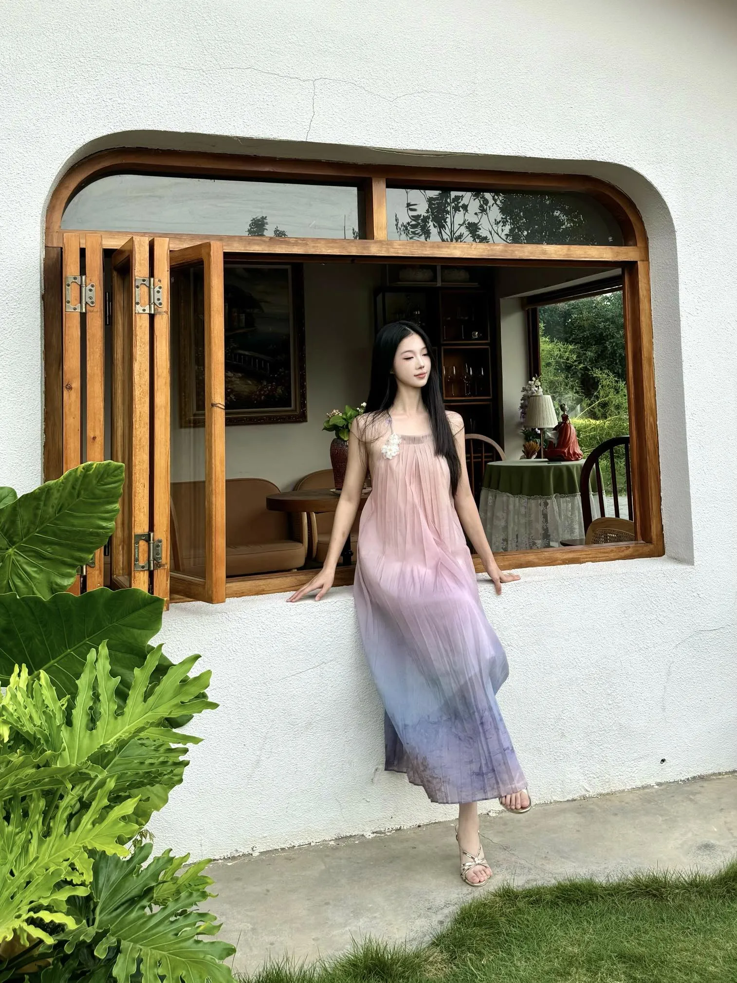 KINGWEN Gradient Color Printed Slip Maxi Dress