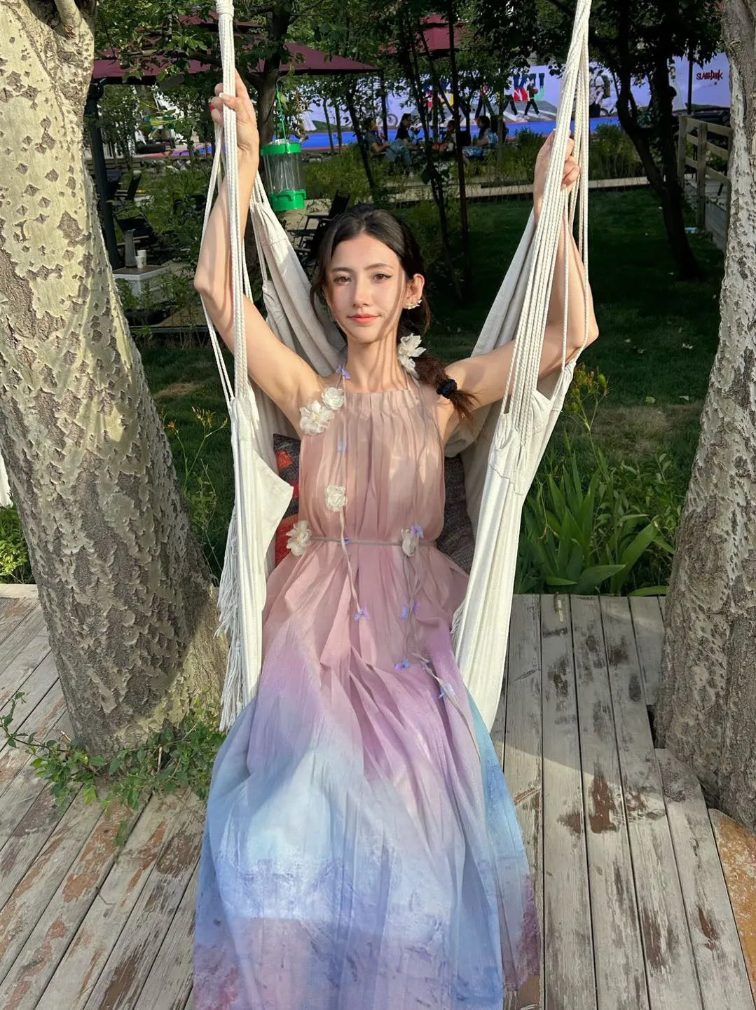 KINGWEN Gradient Color Printed Slip Maxi Dress