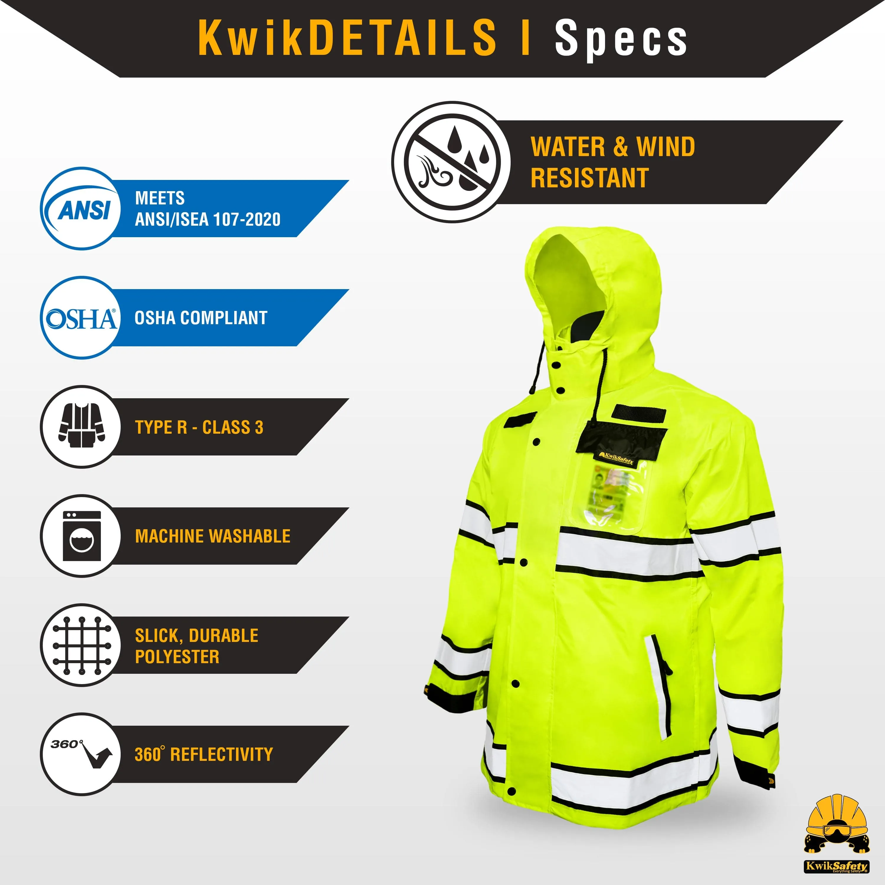 KwikSafety TORRENT Class 3 Safety Rain Jacket | Class 3, Type R Hi Vis Windproof Mens Work Rain Gear Reflective ANSI Tested OSHA Compliant - Model No.: KS5516
