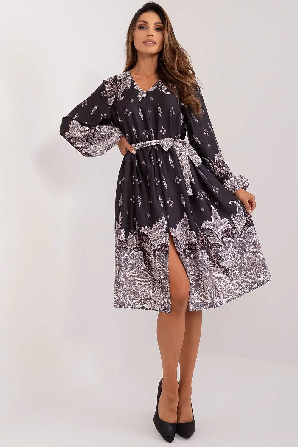 Long sleeves flared bottom cocktail dress