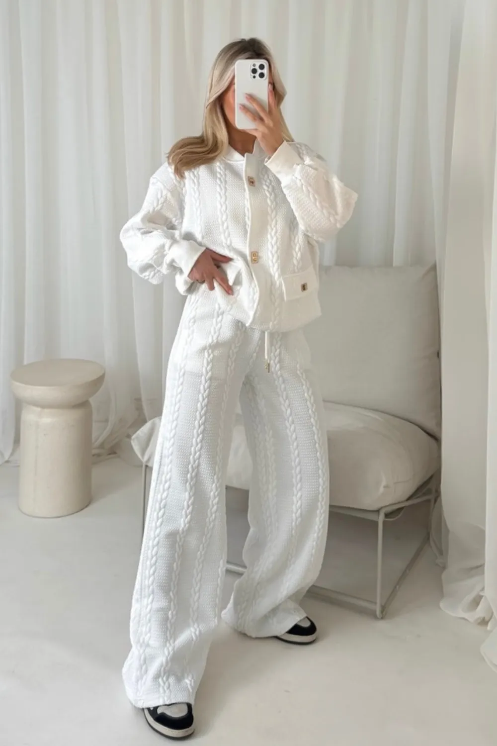 Mariah white quilted sweater jacket & wide leg trousers