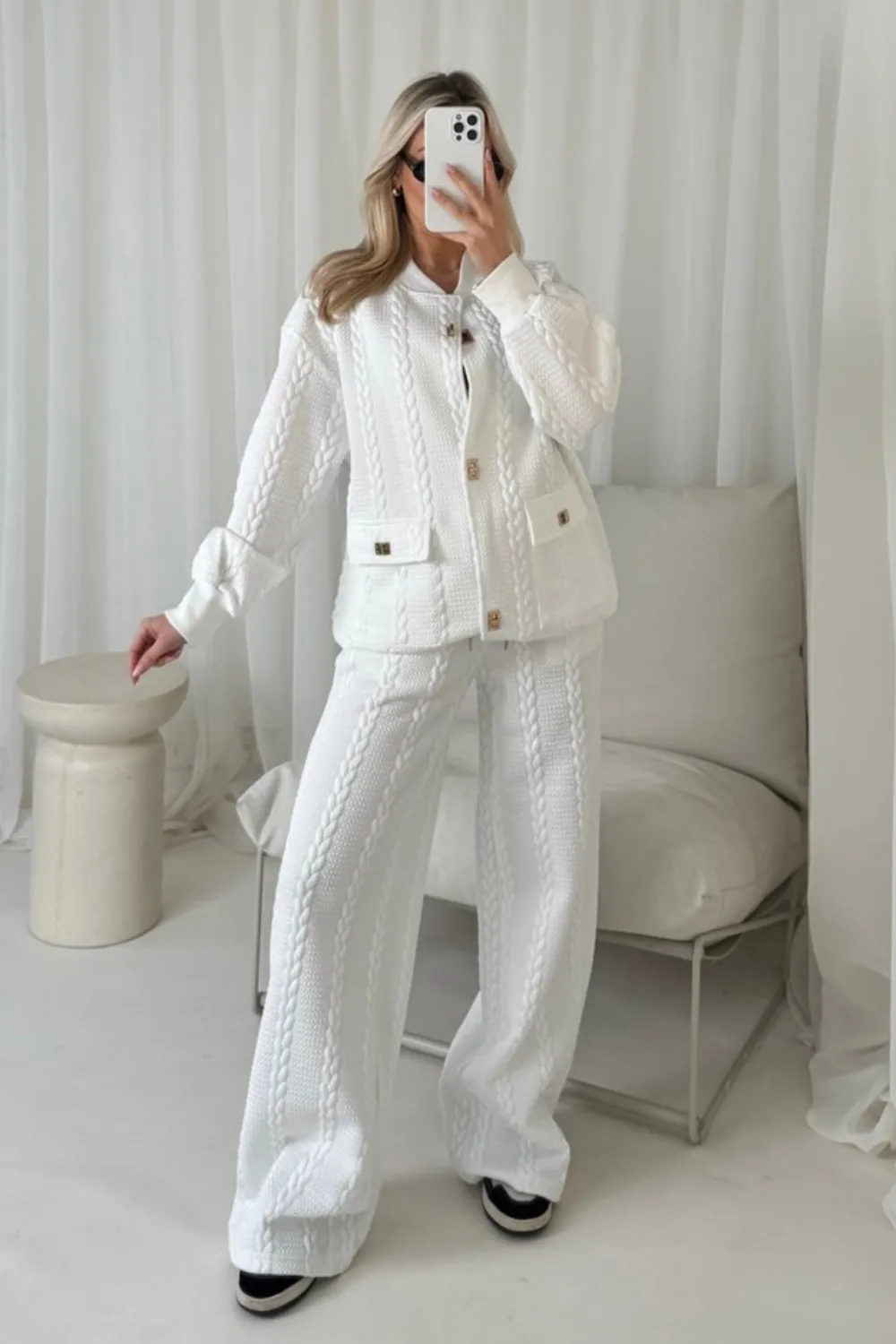 Mariah white quilted sweater jacket & wide leg trousers
