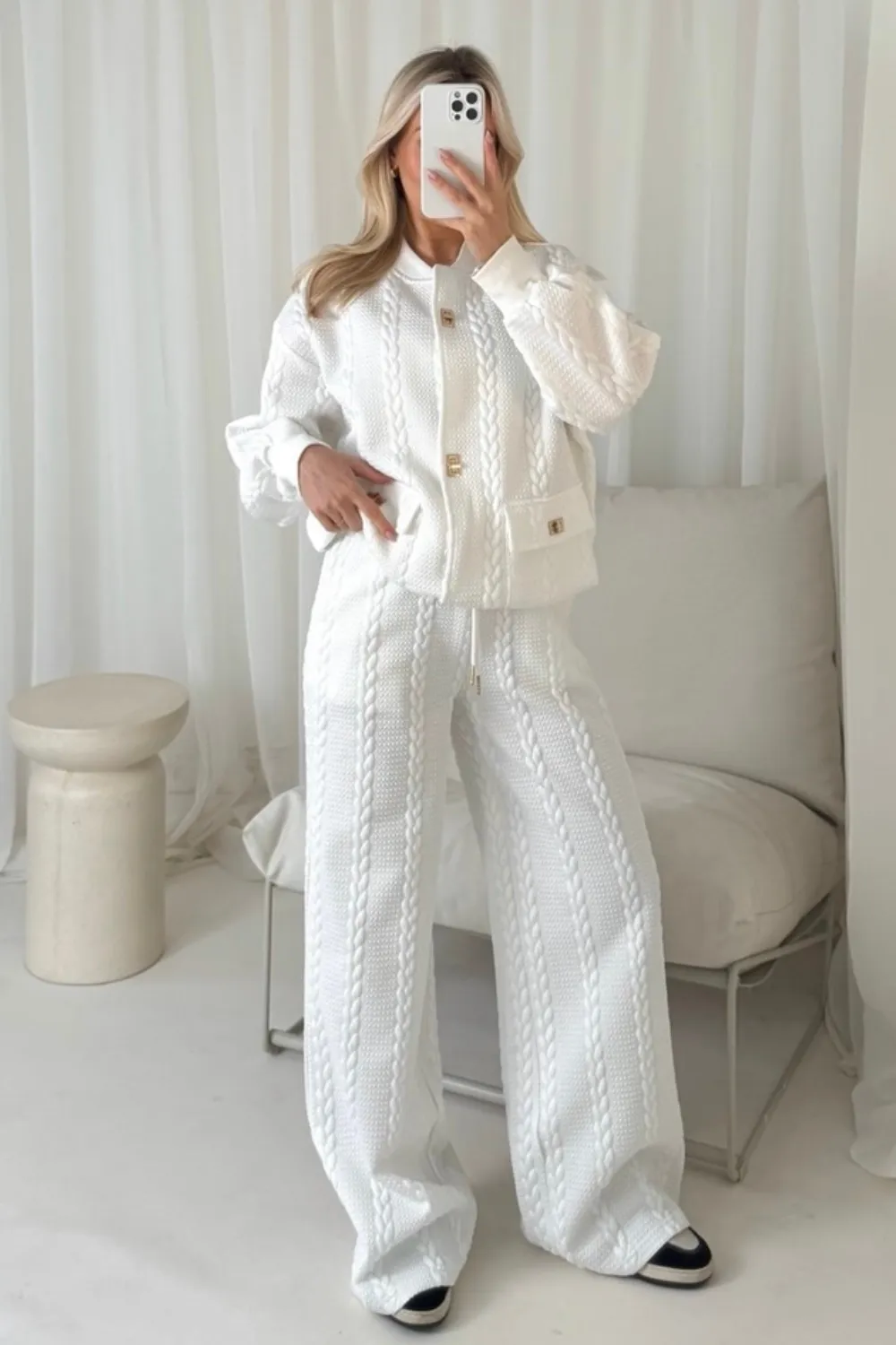 Mariah white quilted sweater jacket & wide leg trousers