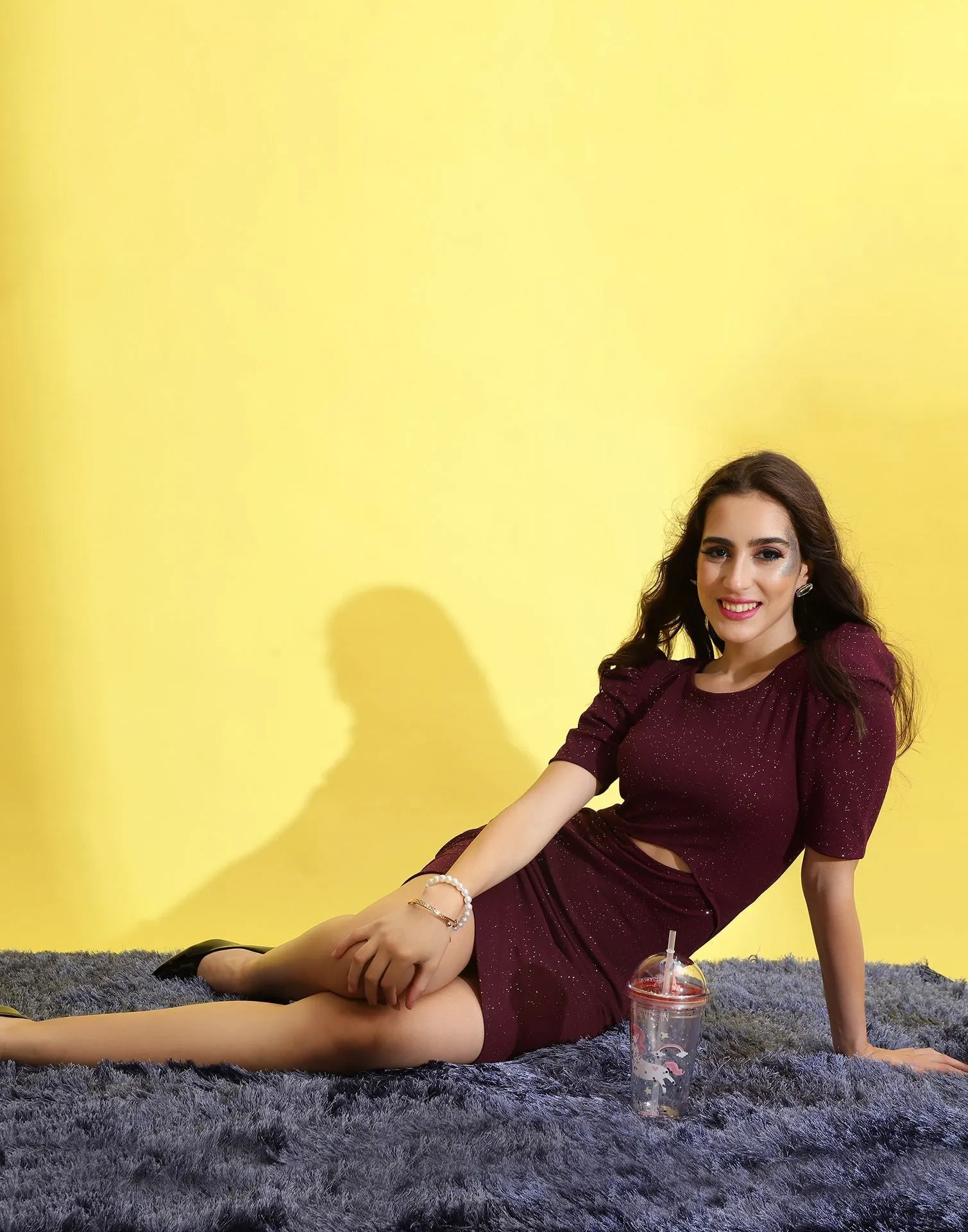 Maroon Glitter Cut-out Bodycon Dress