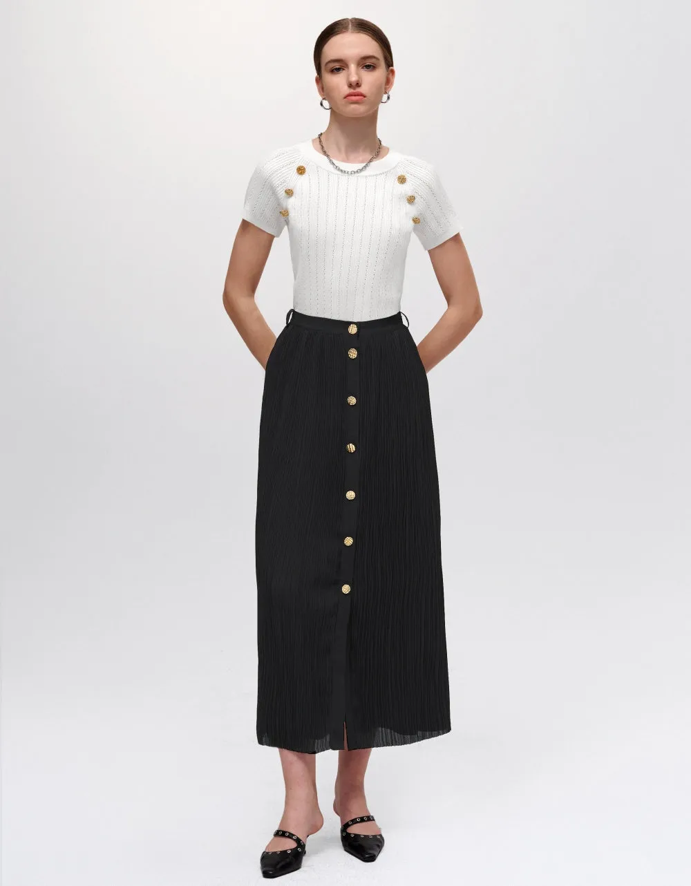 Metallic Button Pleat Skirt