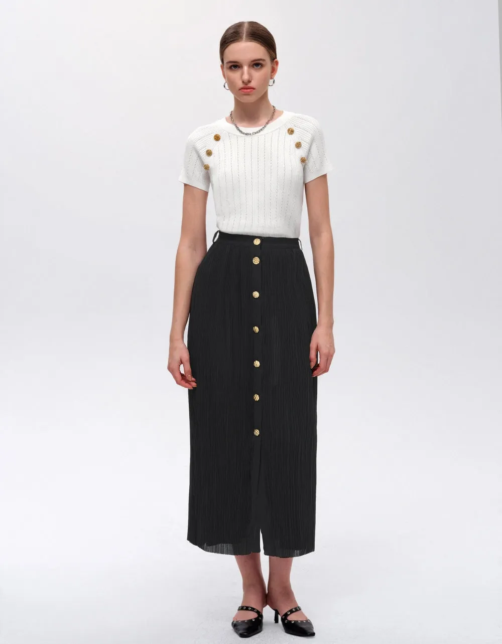 Metallic Button Pleat Skirt