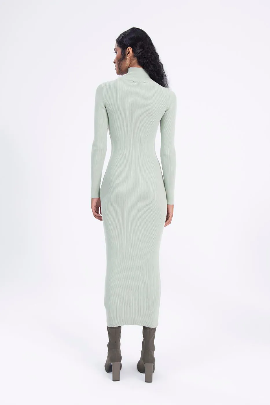 Mint Stand Collar Knitted Pencil Dress