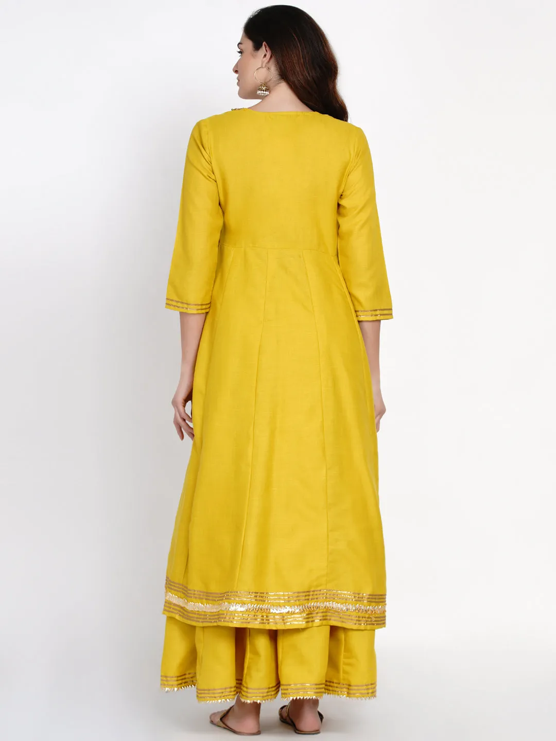 Mustard Yellow Solid Gotta Detailing Kurta & Mustard Gotta Lace Skirt