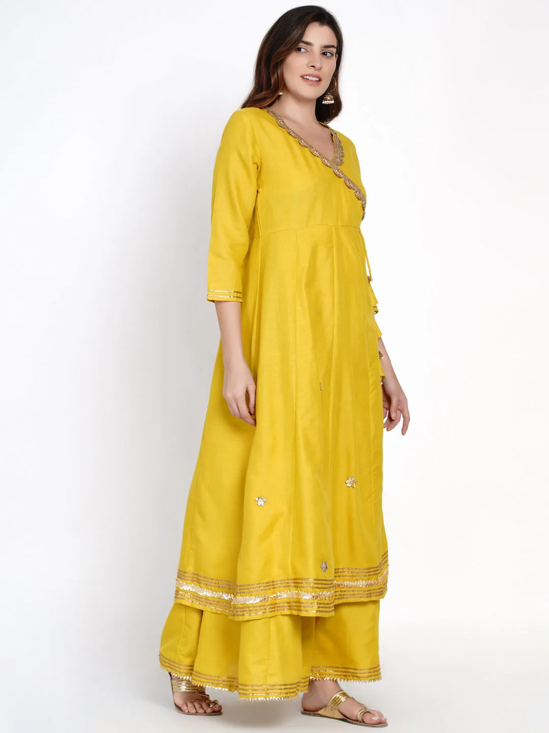 Mustard Yellow Solid Gotta Detailing Kurta & Mustard Gotta Lace Skirt