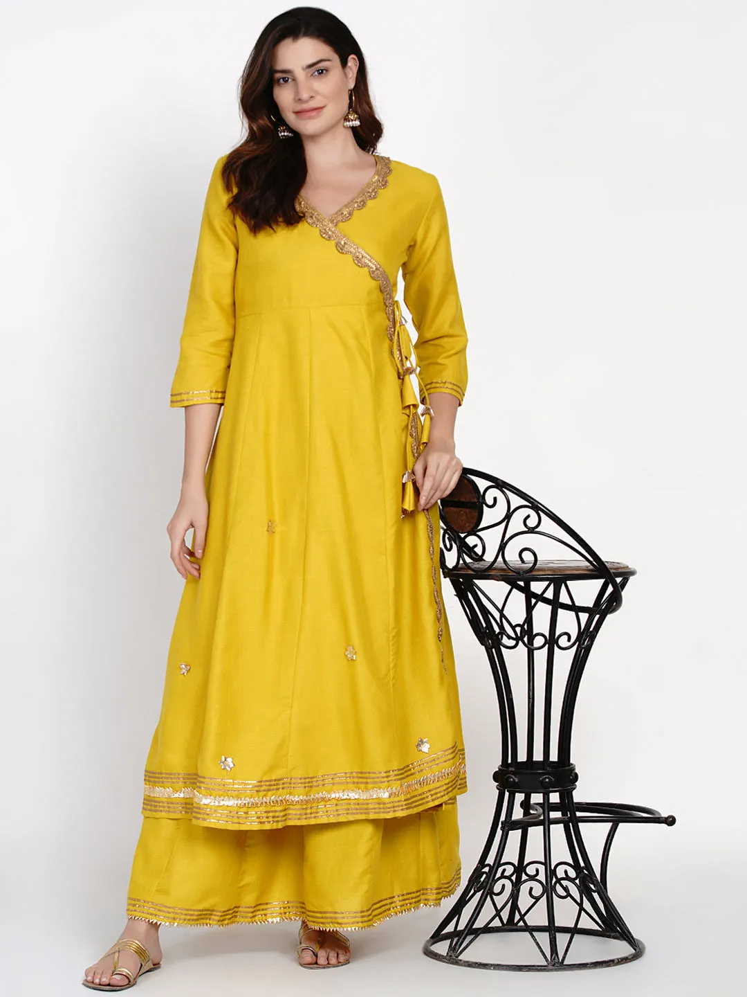Mustard Yellow Solid Gotta Detailing Kurta & Mustard Gotta Lace Skirt