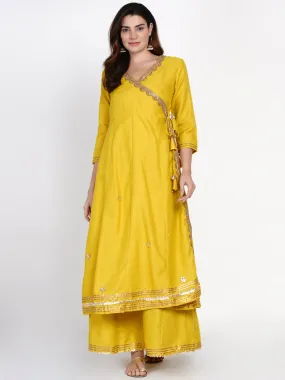 Mustard Yellow Solid Gotta Detailing Kurta & Mustard Gotta Lace Skirt