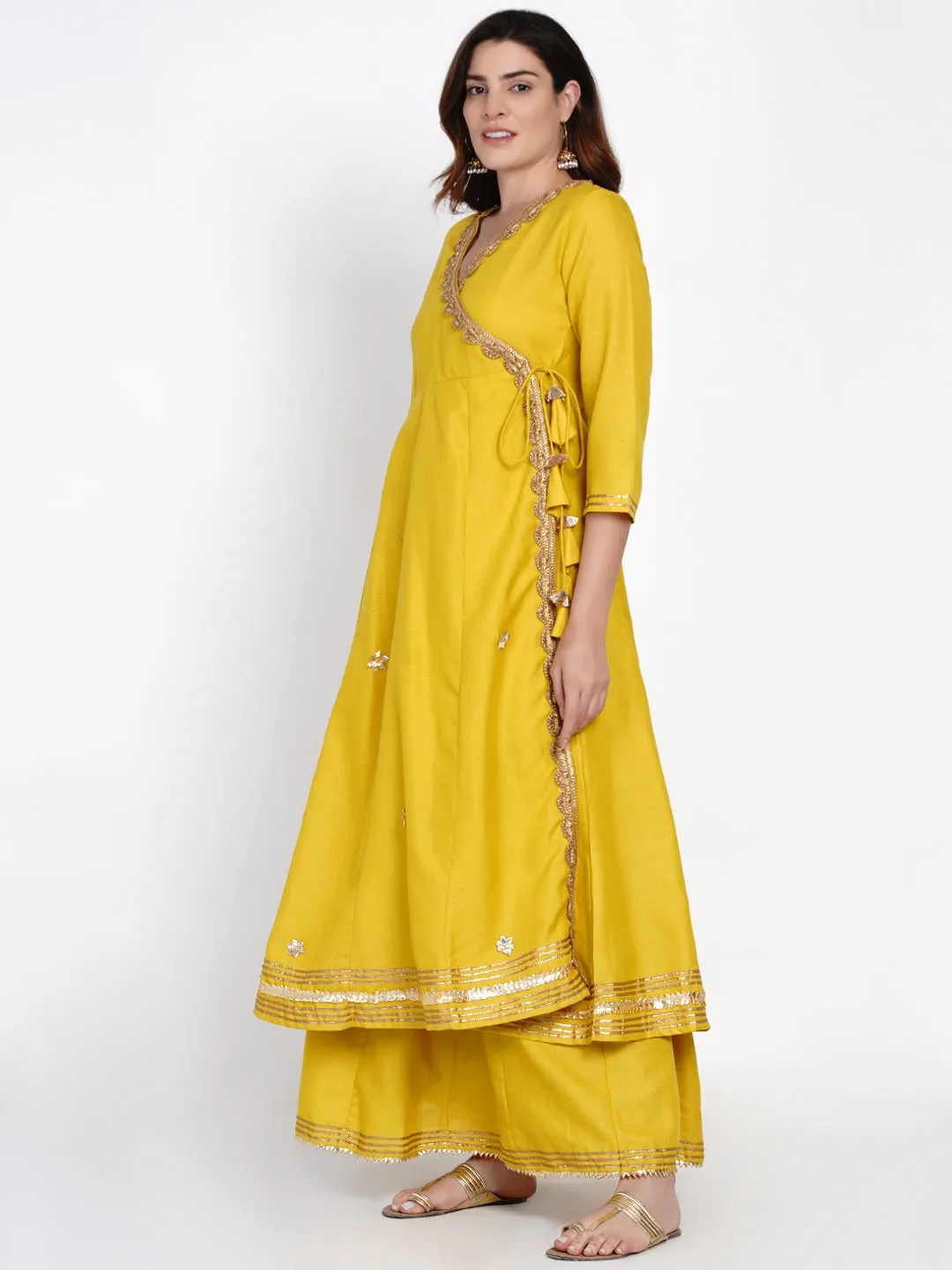 Mustard Yellow Solid Gotta Detailing Kurta & Mustard Gotta Lace Skirt