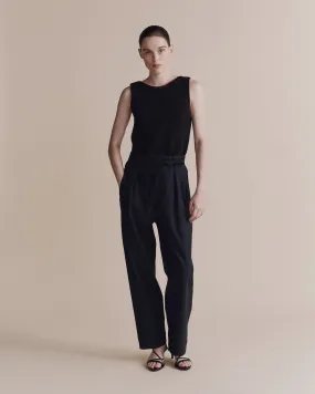 Navy Belted Barrel Leg Pants