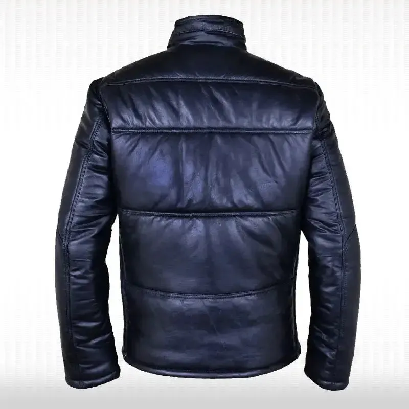 New Men's Black Genuine Leather Puffer Quilted Bomber Funnel Jacket
