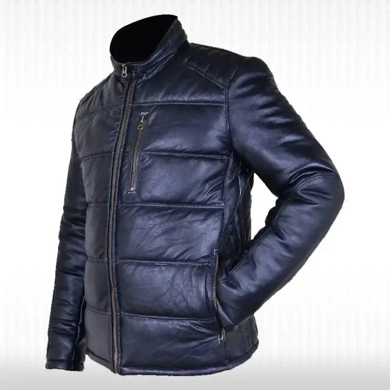New Men's Black Genuine Leather Puffer Quilted Bomber Funnel Jacket