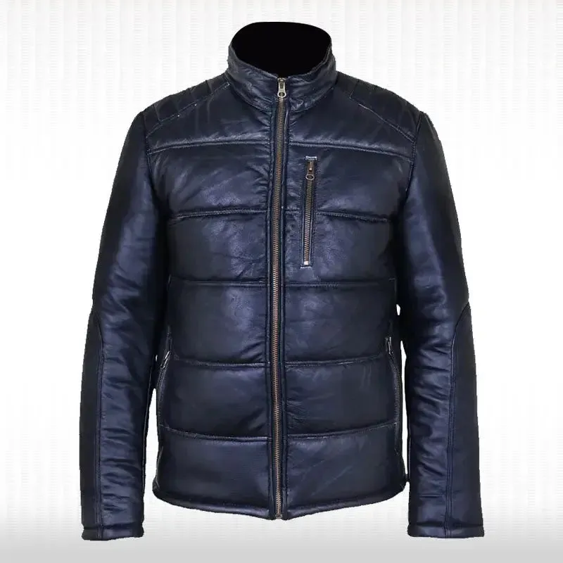New Men's Black Genuine Leather Puffer Quilted Bomber Funnel Jacket