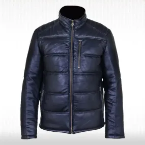 New Men's Black Genuine Leather Puffer Quilted Bomber Funnel Jacket