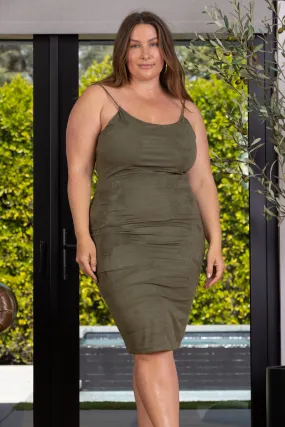OLIVE SPAGHETTI STRAP BODYCON PLUS SIZE MIDI DRESS AD42443P