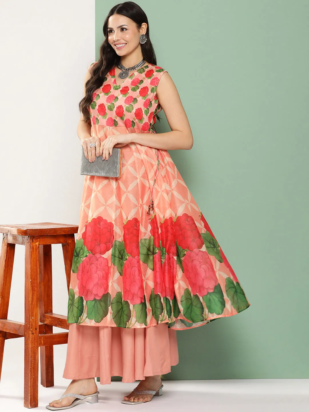 Peach Chanderi Floral Printed Mid Open Kurta With Skirt.