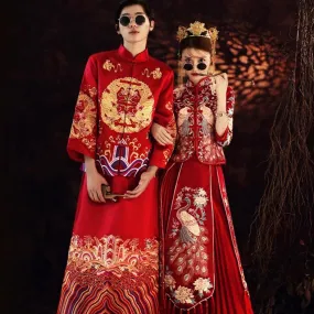 Peacock & Floral Embroidery 3/4 Sleeve Traditional Chinese Wedding Suit