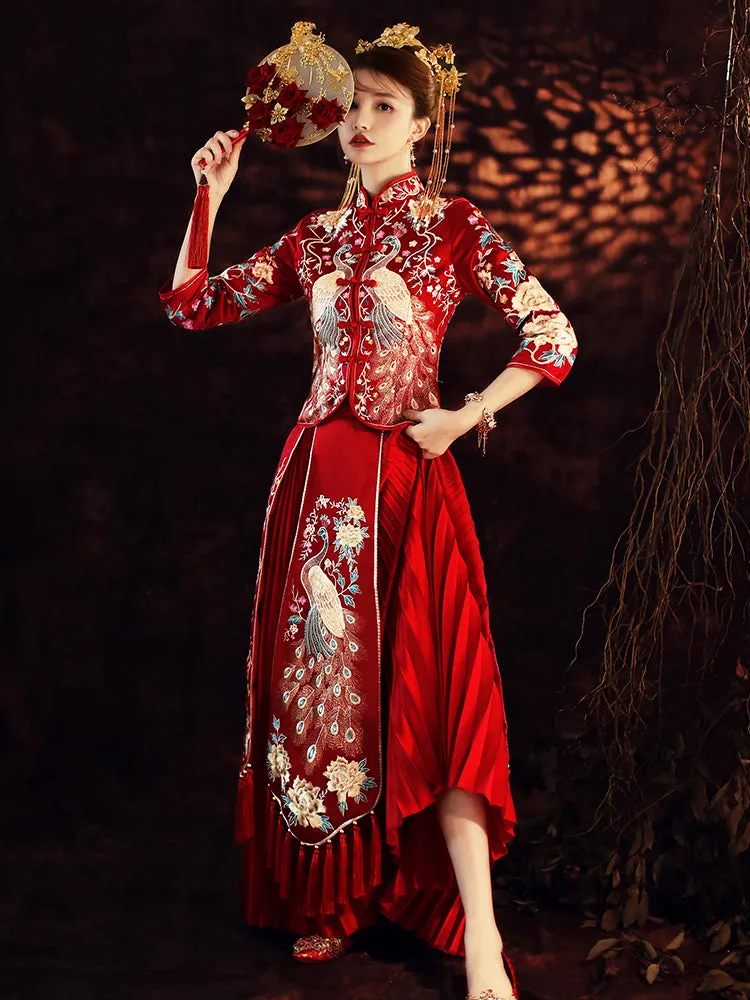 Peacock & Floral Embroidery 3/4 Sleeve Traditional Chinese Wedding Suit