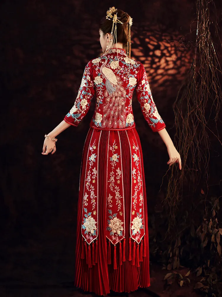 Peacock & Floral Embroidery 3/4 Sleeve Traditional Chinese Wedding Suit