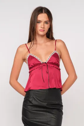 "Elegant Love" Red Satin Top w/ Black Ribbon Detail