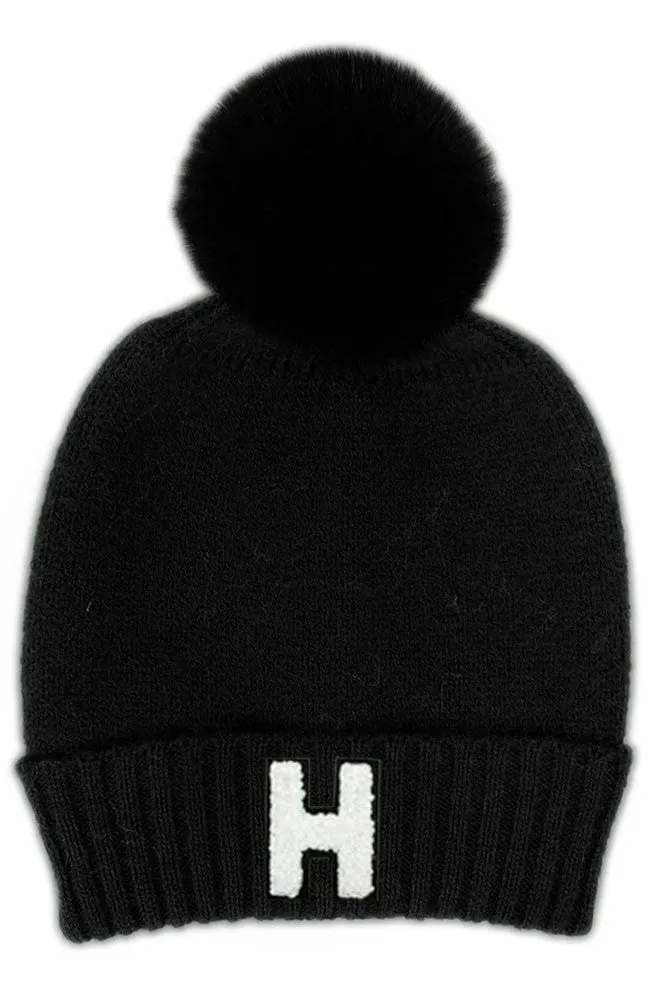 "H" Pom Pom Beanie - BLK