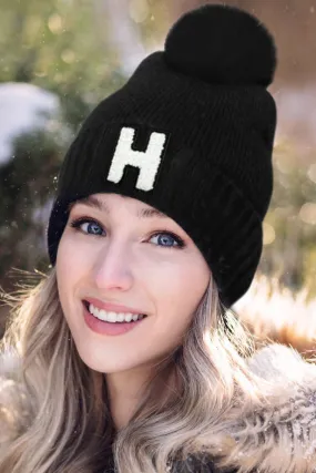"H" Pom Pom Beanie - BLK