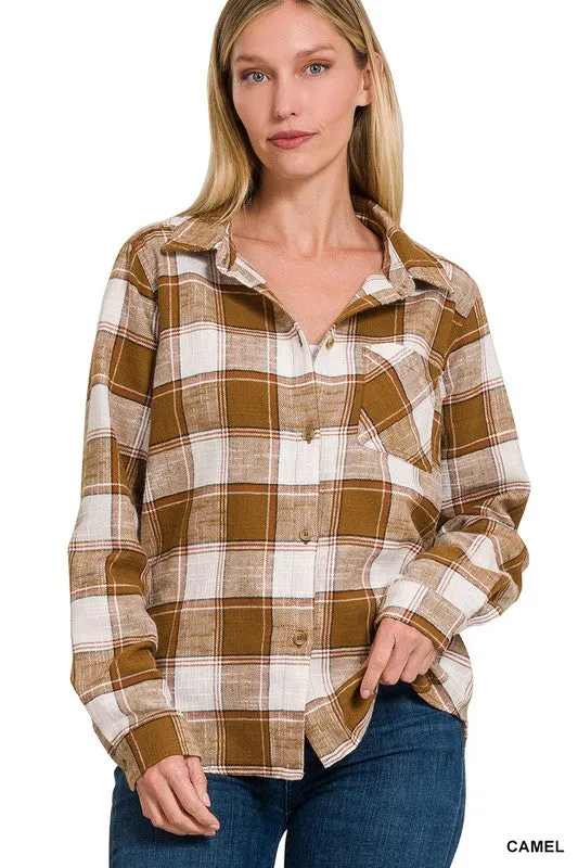 Rad In Plaid Camel Button Down Shirt Jacket