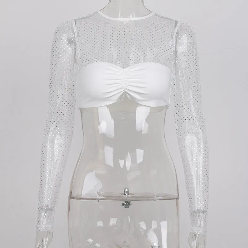 Sexy Mesh Dot White Solid Long Sleeve Women Tops Tee
