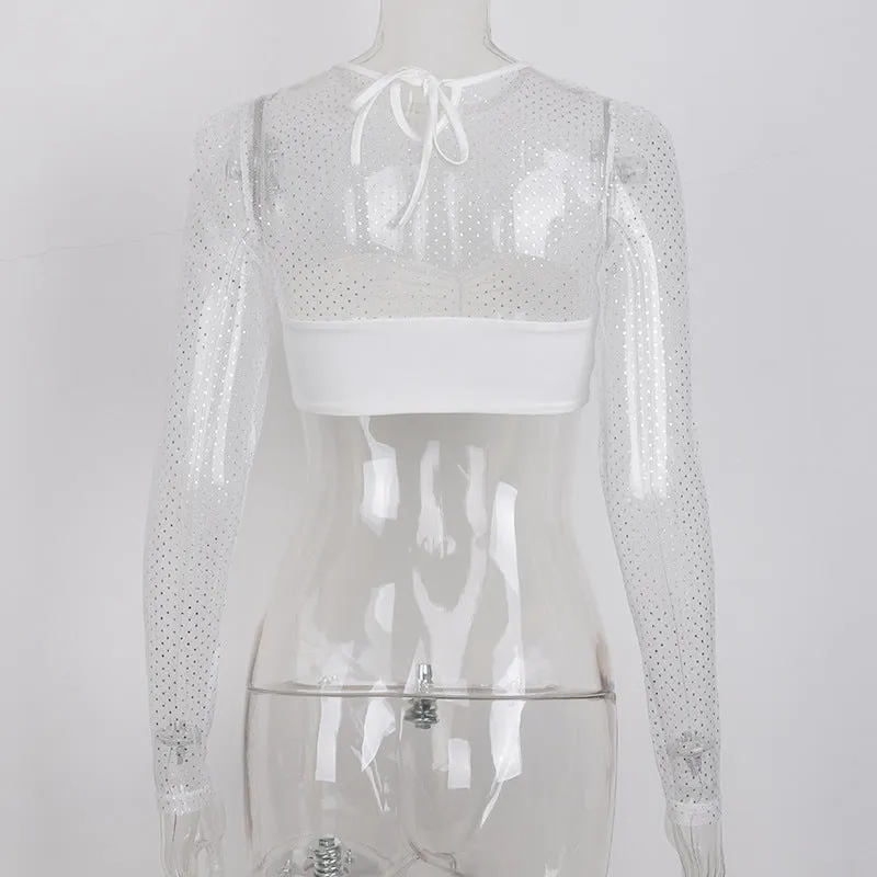 Sexy Mesh Dot White Solid Long Sleeve Women Tops Tee