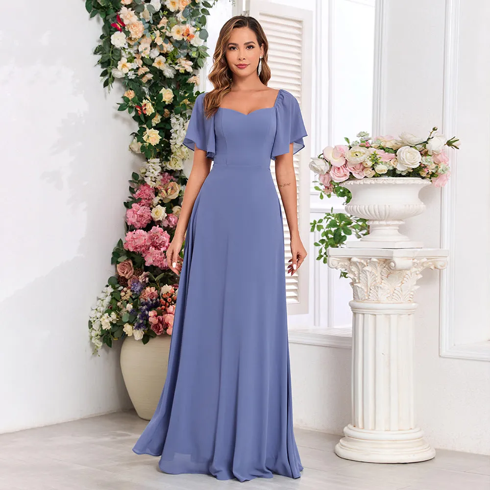 Short Sleeve Chiffon Backless Lined Evening Dress