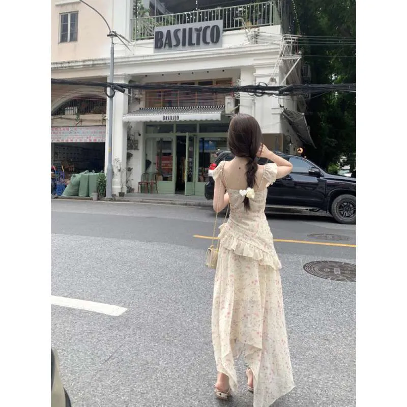 Territory cherry blossom dress to impress Summer New Mori Student Fresh Floral Irregular Suspender Skirt Temperament Slimming Inner Wear Dress Women