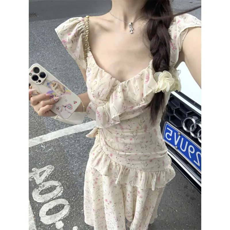 Territory cherry blossom dress to impress Summer New Mori Student Fresh Floral Irregular Suspender Skirt Temperament Slimming Inner Wear Dress Women