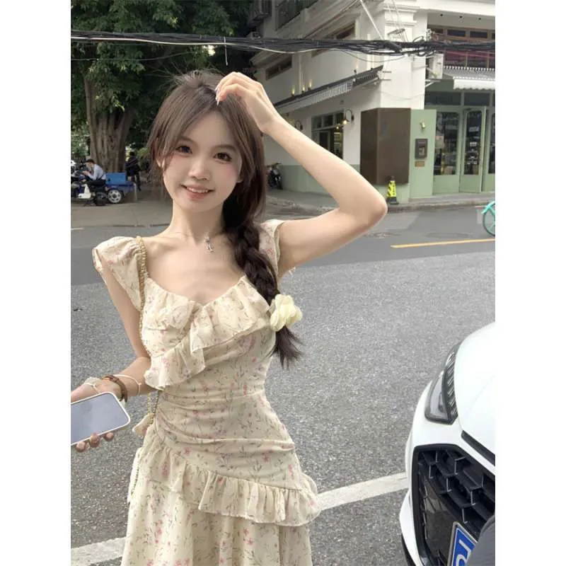 Territory cherry blossom dress to impress Summer New Mori Student Fresh Floral Irregular Suspender Skirt Temperament Slimming Inner Wear Dress Women