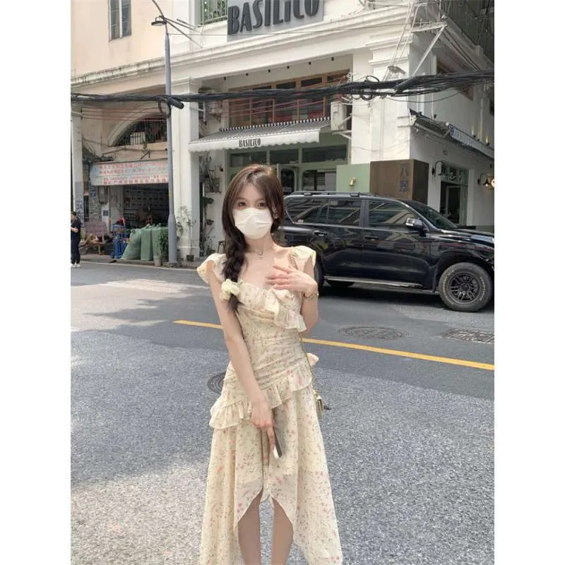 Territory cherry blossom dress to impress Summer New Mori Student Fresh Floral Irregular Suspender Skirt Temperament Slimming Inner Wear Dress Women